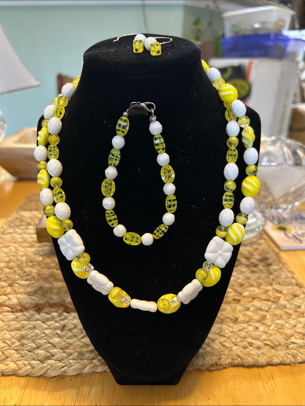 Yellow and White Beaded Jewelry Set - Necklace, Bracelet & Earrings